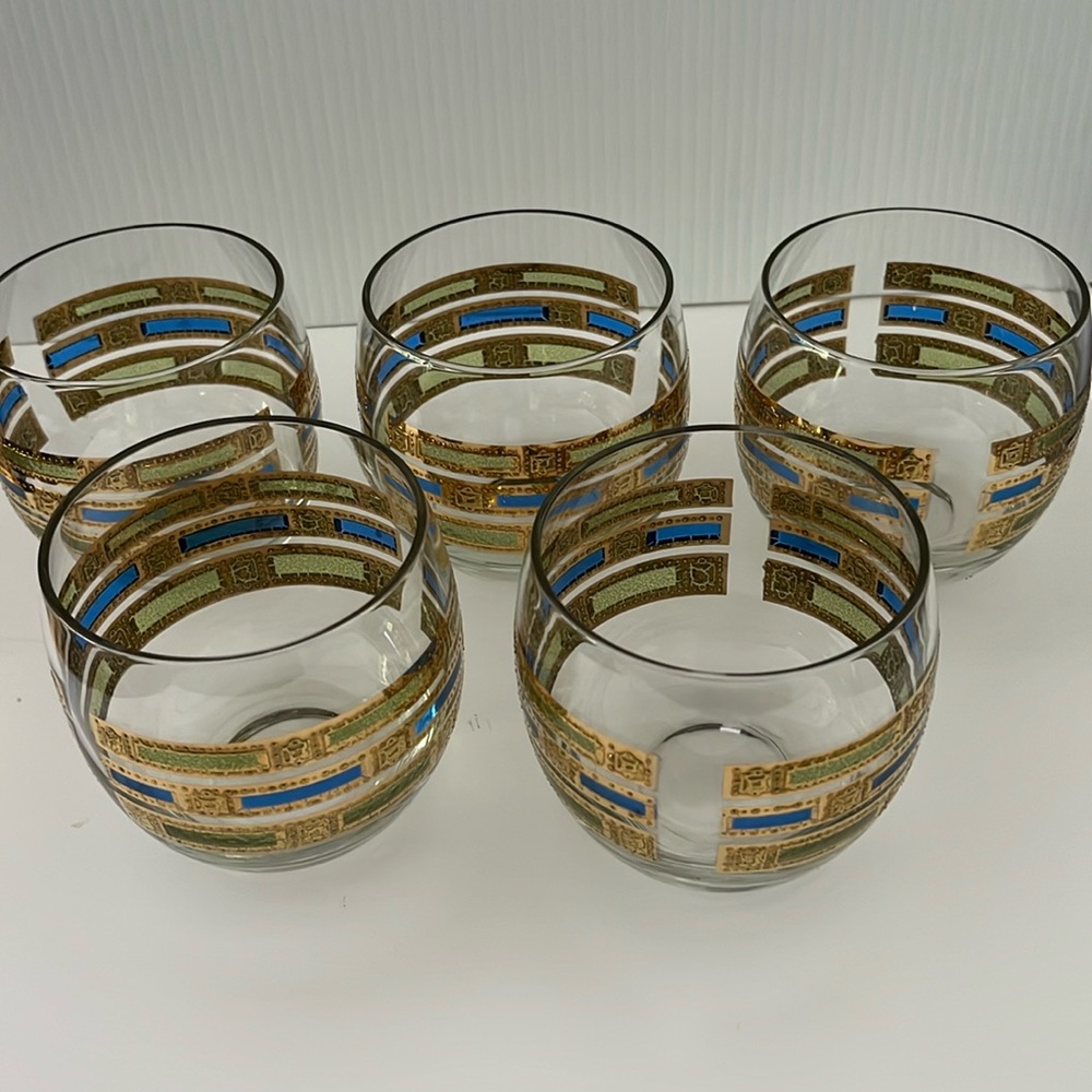 Vintage MCM Culver Empress Blue Green Gold Roly Poly Glasses Bar Cart